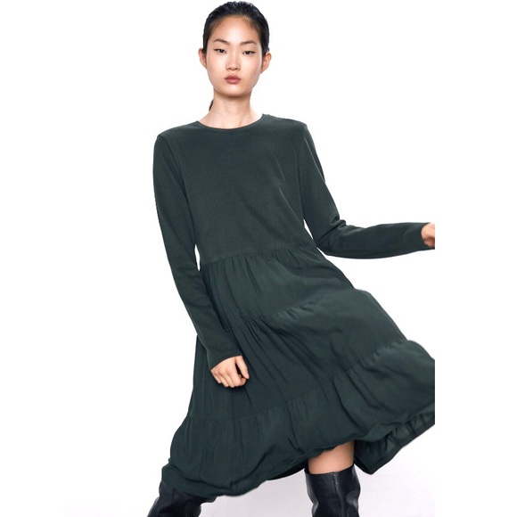 Zara Dresses & Skirts - NWT Zara 100% Cotton Gray Green Ruffled Dress